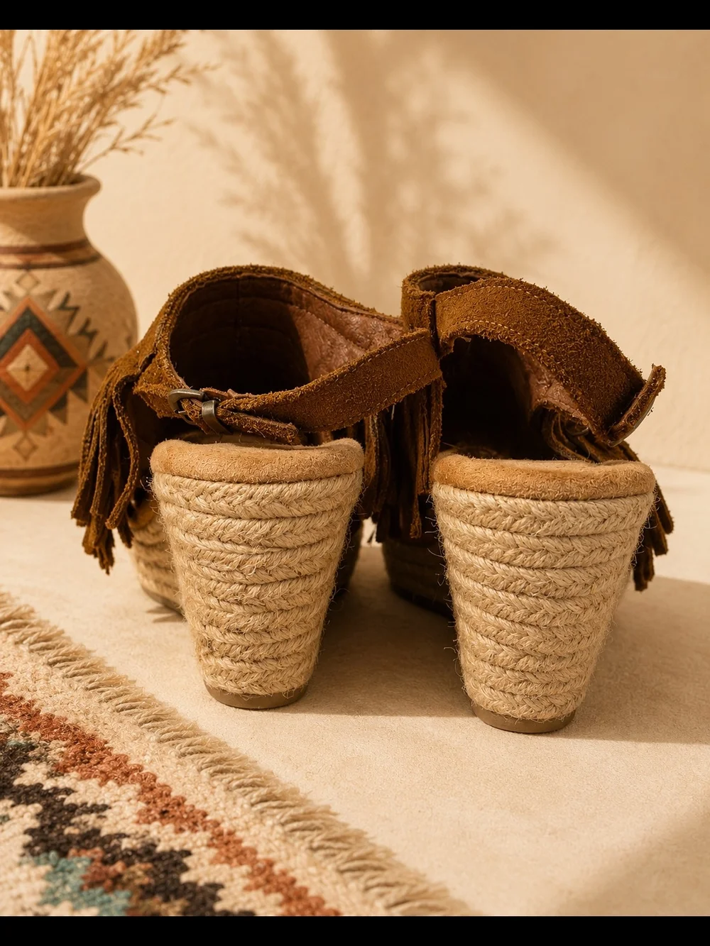 Minnetonka Brown Suede Fringe Espadrille Wedge Slingback Sandals Women's Sz 9